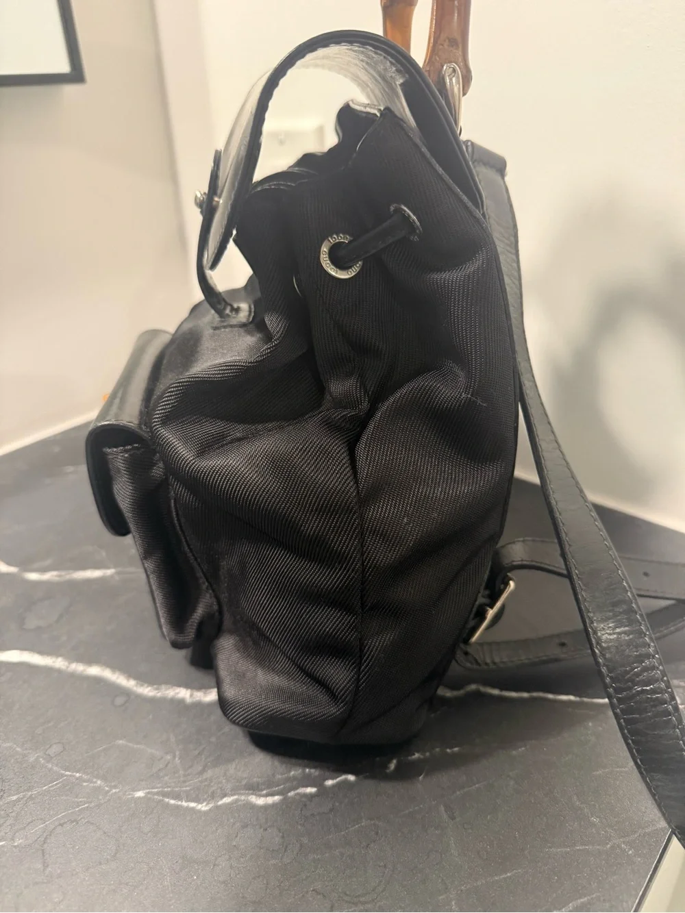 Mini Gucci Black Leather bamboo backpack with Drawstring